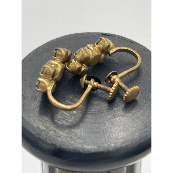 Austrian Green & AB Coated Rhinestone Gold Tone Screw Back MCM 1960s Earrings - Picture 3 of 8